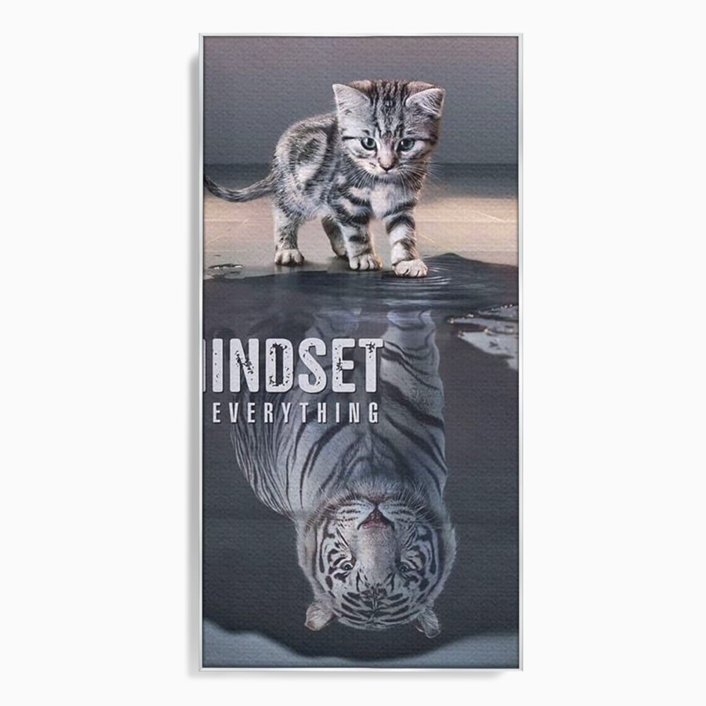 Tablou canvas cu tablou canvas cu pisoi si reflexie de tigru, in rama de aluminiu argintiu